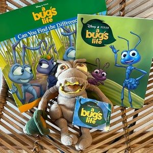 DISNEY STORE PIXAR PLUSH BEAN TOY P.T. FLEA & 2 A BUG’S LIFE BOOKS
